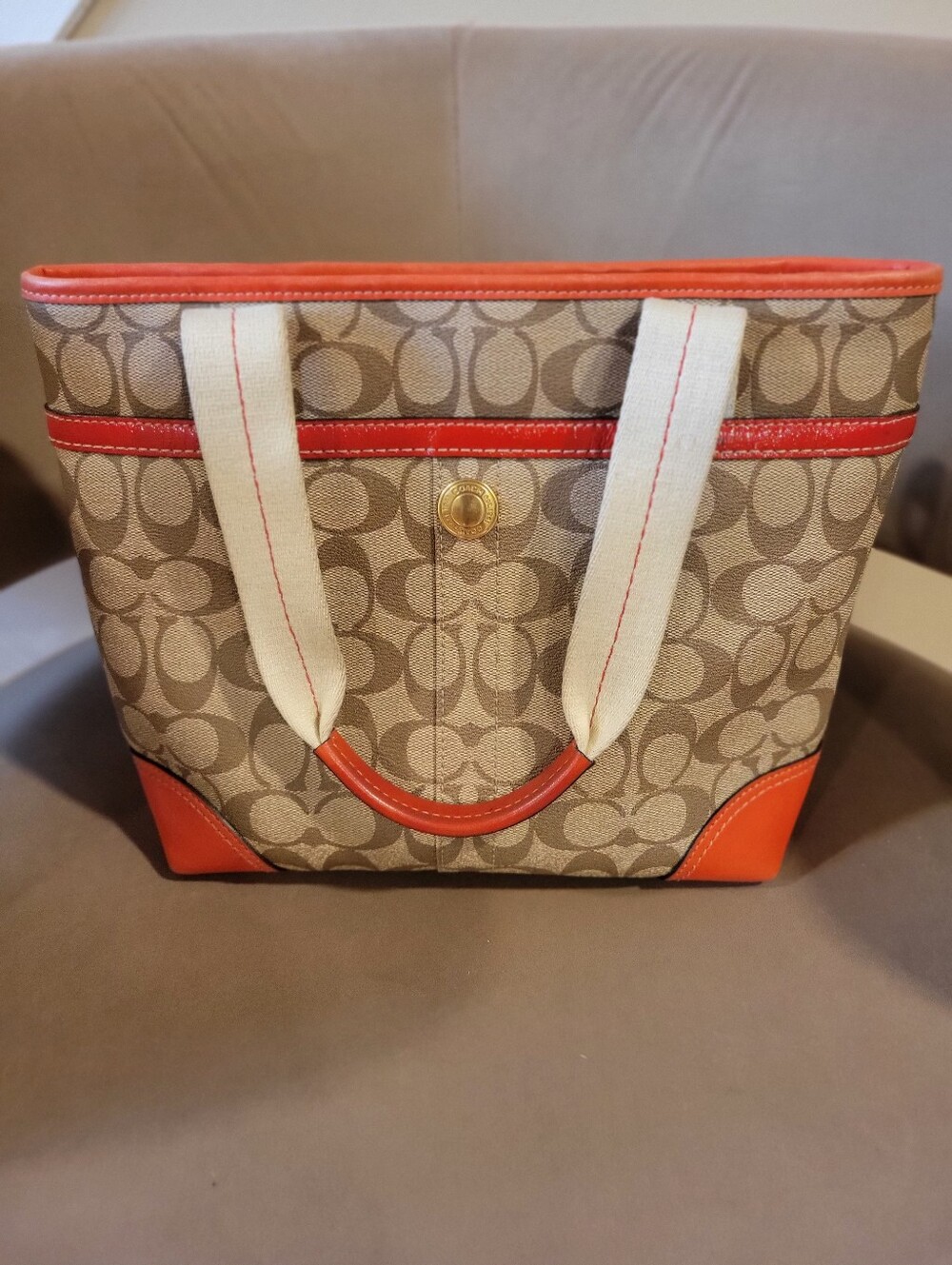 COACH Signature Tattersall Lining Canvas Tote with Red Accents - Picture 2 of 14